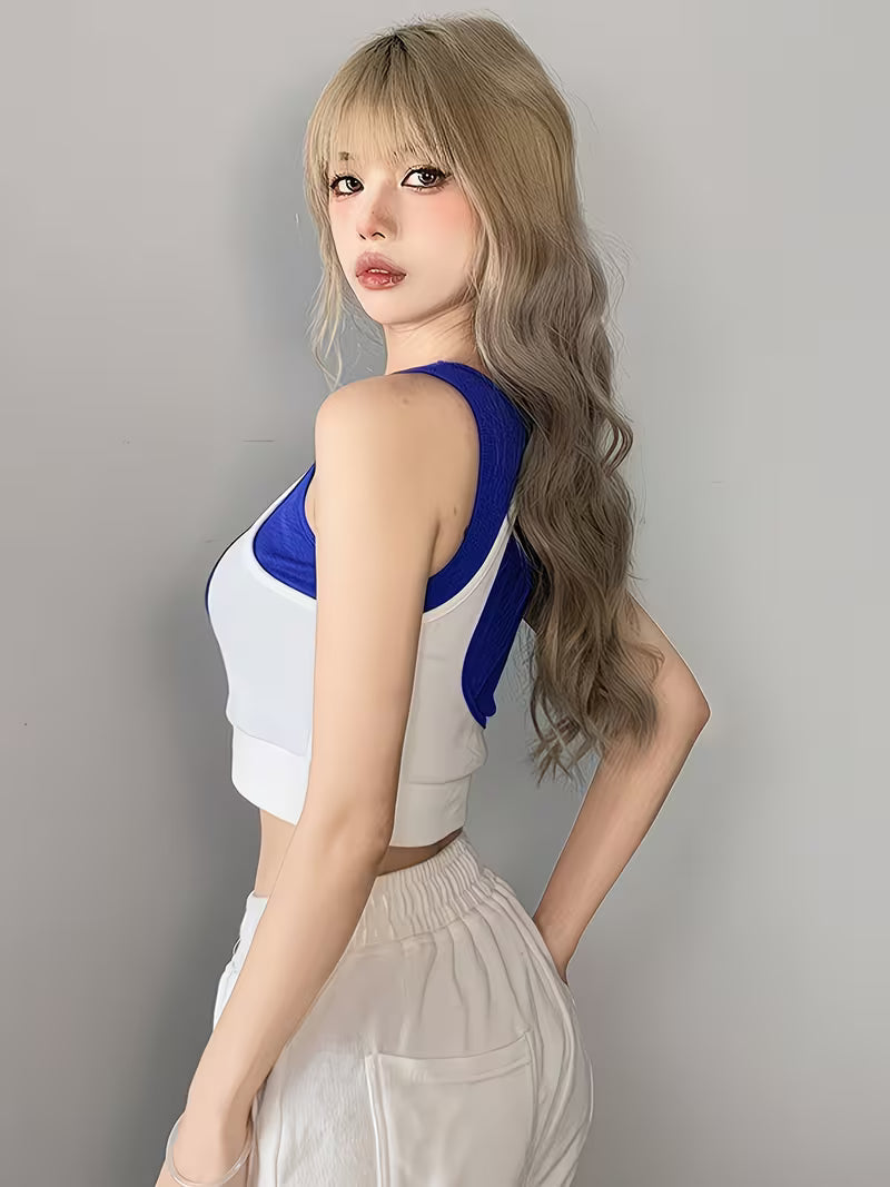 Spicy Tank Top, Group Style Jazz Dance Slim Fit Cropped Belly-Baring Dance Top, Color-Block 2-in-1 Look, Irregular Outerwear