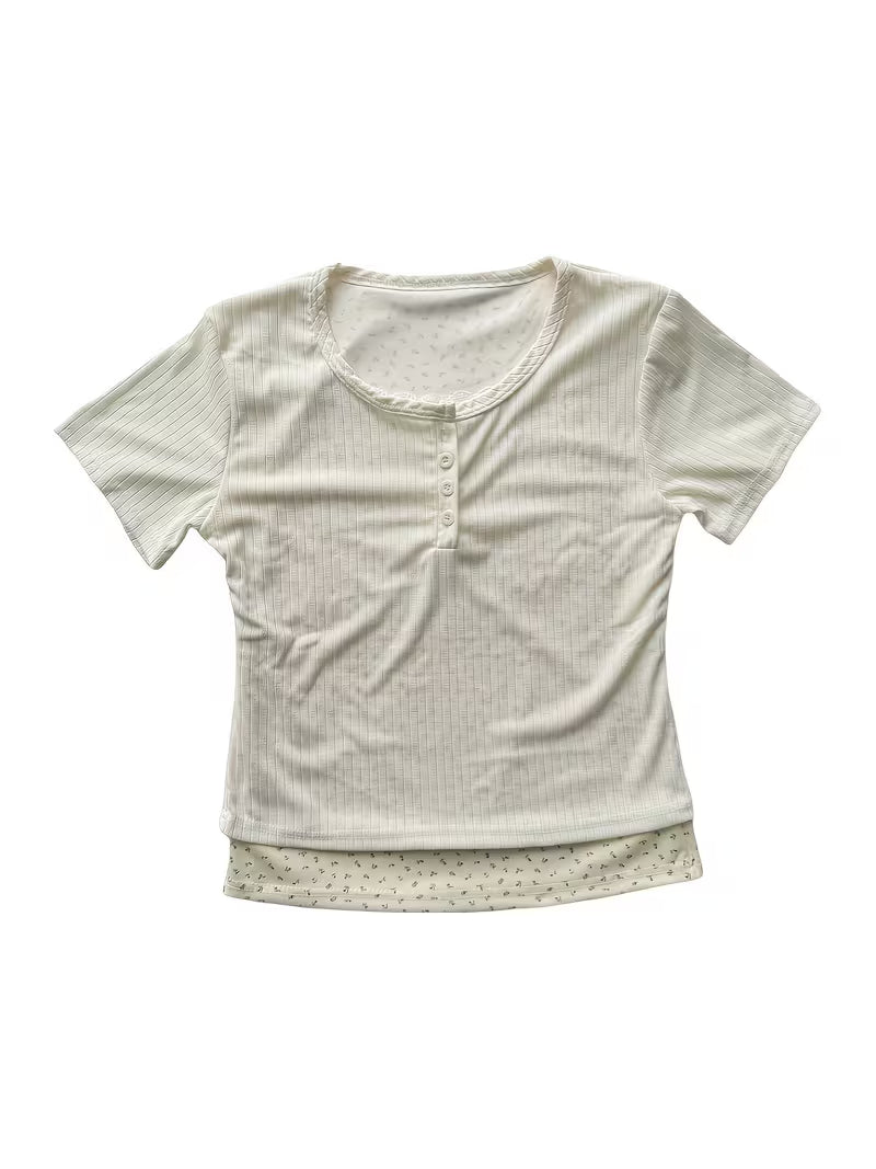 2-in-1 Look Off-Shoulder Short Sleeve T-Shirt for Women, New Summer Korean Style Sweet Temperament Slim Fit Floral Print Pure Desire Spicy Top