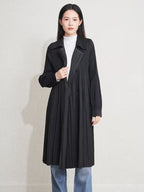 Elegant Pleated Trench Coat for Women, Loose Fit Lapel Long Outerwear with Minimalist High-End Style