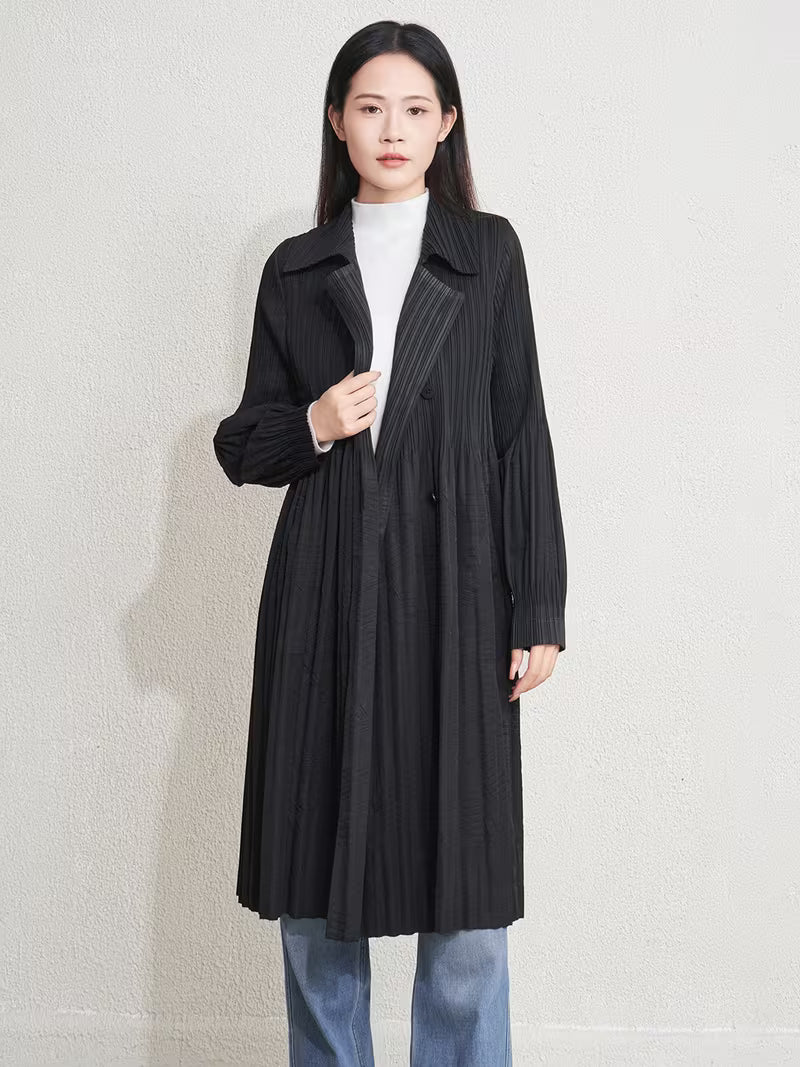 Elegant Pleated Trench Coat for Women, Loose Fit Lapel Long Outerwear with Minimalist High-End Style