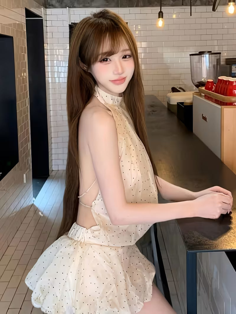New Women's Polka Dot Backless Chiffon Dress, 2026 Summer New Arrival, Exquisitely Beautiful and Ethereal, Waist-Cinching, Hot Style, Halter Neck, Flared Puffy Skirt, Trendy Backless Polka Dot Dress