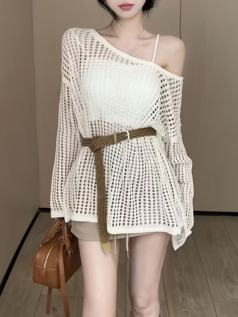 Bohemian Off-Shoulder Fishnet Cover-Up for Beach Vacation, Women's Spring/Summer Hot Midi Top