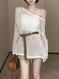 Bohemian Off-Shoulder Fishnet Cover-Up for Beach Vacation, Women's Spring/Summer Hot Midi Top