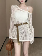 Bohemian Off-Shoulder Fishnet Cover-Up for Beach Vacation, Women's Spring/Summer Hot Midi Top