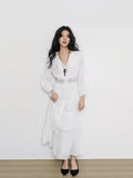 Women' French Hollow Out Lace Dress - -Line Semi-Sheer Summer Dress with Puff Sleeves & Waist Fit