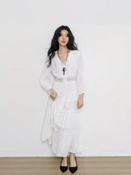 Women' French Hollow Out Lace Dress - -Line Semi-Sheer Summer Dress with Puff Sleeves & Waist Fit