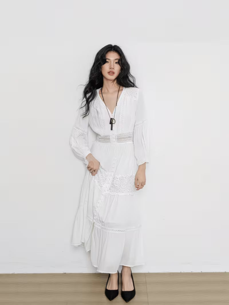 Women' French Hollow Out Lace Dress - -Line Semi-Sheer Summer Dress with Puff Sleeves & Waist Fit
