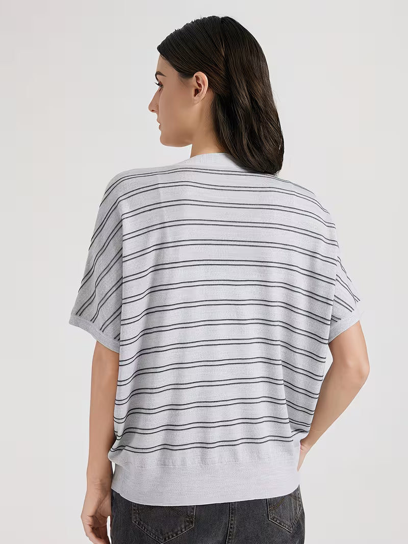 Elegant Women's Spring Summer Wool Short Sleeve Cardigan V-Neck Batwing Sleeve Striped Pattern Button Front Detail Premium Soft Breathable Fabric Versatile Top