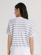 Elegant Women's Spring Summer Wool Short Sleeve Cardigan V-Neck Batwing Sleeve Striped Pattern Button Front Detail Premium Soft Breathable Fabric Versatile Top