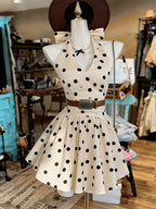 Cream Black Polka Dot Halter Neck Short Skirt, Gentle Style V-Neck Ruffled High-Waist Sweet A-Line Princess Dress