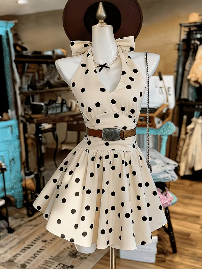 Cream Black Polka Dot Halter Neck Short Skirt, Gentle Style V-Neck Ruffled High-Waist Sweet A-Line Princess Dress
