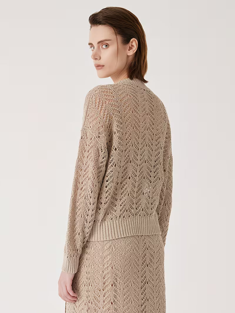 100% Linen Yarn | Elegant Deep V Neck Cardigan With Hollow Details, Regular Fit, Long Sleeves, Flared Hem