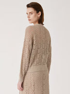 100% Linen Yarn | Elegant Deep V Neck Cardigan With Hollow Details, Regular Fit, Long Sleeves, Flared Hem