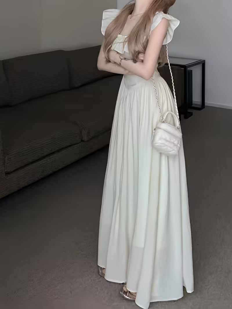 Women'S Summer French Sweet Waist- Dress, Stunning Vacation Long Dress, Ruffle Square Neck Flutter Sleeve Dress