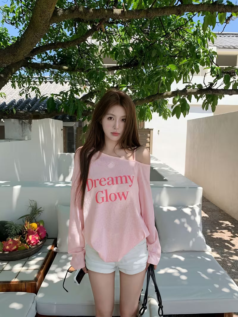 Korean Style Elegant Youthful Pink Letter Print Long Sleeve T-shirt Women Summer Thin Loose Casual Designer Niche Top
