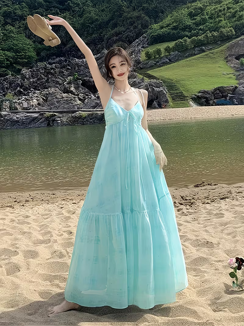Summer New Blue Suspender Dress for Women, Beach Vacation Style, Off-Shoulder Long Dress with Backless Design