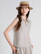 Women's 100% Linen LP Vest Blouse Trim Polo Neck Sleeveless Polyester Lining Summer Daily Top