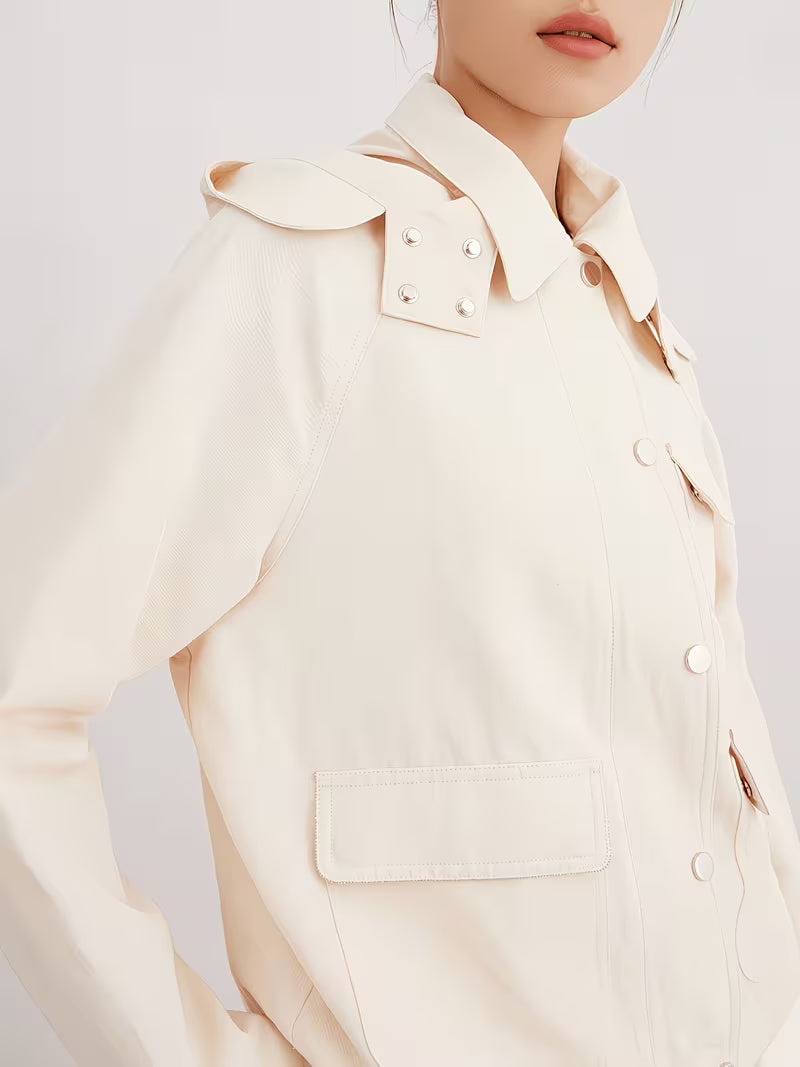 Early Spring Must Have Womens 51 Percent 49 Percent Linen Loose Short Jacket Versatile Workwear Chic with Shoulder Epaulets Lapel Collar Drawstring Waist Effortless Cool Vibe Breathable