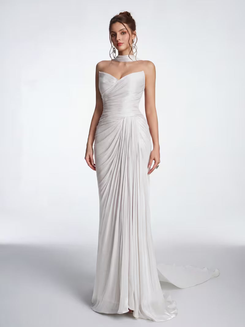 Women's Strapless Ruched Wrap Evening Gown - Dusty Pink Shimmery Chiffon Floor-Length Dress