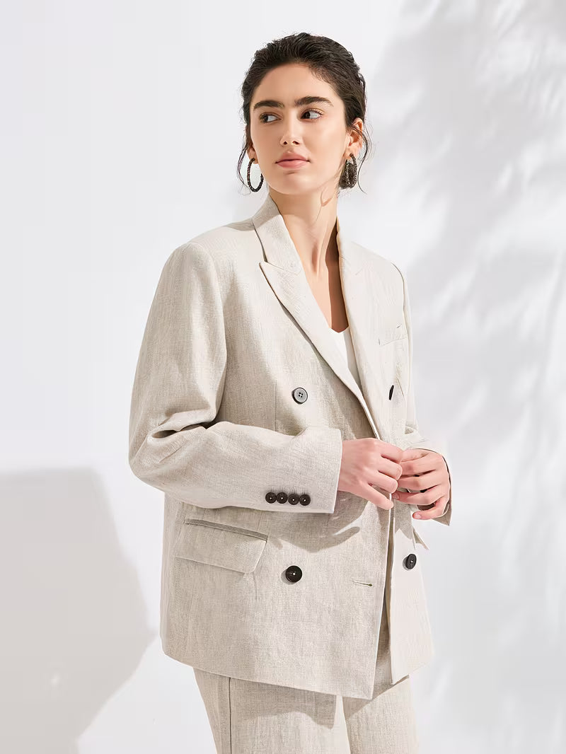 Women's Luxury Linen Blazer, 95% Linen with 100% Lining, Italian Inspired Double-Breasted Relaxed Fit Jacket, Lightweight Breathable Fabric
