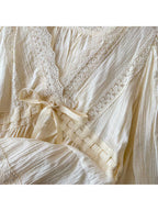 French-Style Gentle And Sweet Women'S Shirt, New V-Neck Lace Trim, Tie-Dye Lantern Sleeves, Loose And Top
