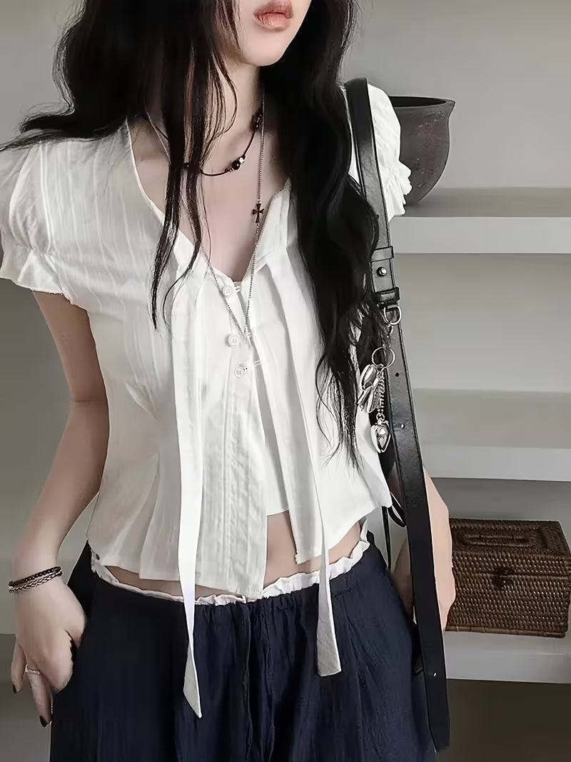 Korean Style New V-Neck Tie-Up Short Sleeve Shirt for Women, Textured Ruched Ruffle Waist-Cinching Cropped Top, Gentle Blouse for Commuting and Dating