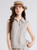 Women's 100% Linen LP Vest Blouse Trim Polo Neck Sleeveless Polyester Lining Summer Daily Top