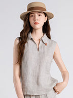Women's 100% Linen LP Vest Blouse Trim Polo Neck Sleeveless Polyester Lining Summer Daily Top