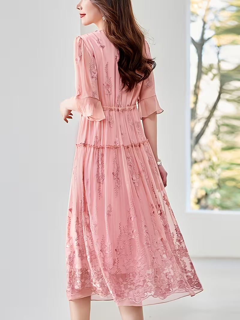 New Mulberry Heavy Embroidery Solid Color Midi Dress for Women, Pure Dress