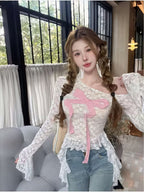 American Pure Desire New Off-The-Shoulder Lace Top Women'S Spring Cute Bow Design Sense Fashion Temperament Unique Elegant Beautiful Slim-Fitting Atmosphere Sweet Spicy Ruffle Versatile Long-Sleeved Top