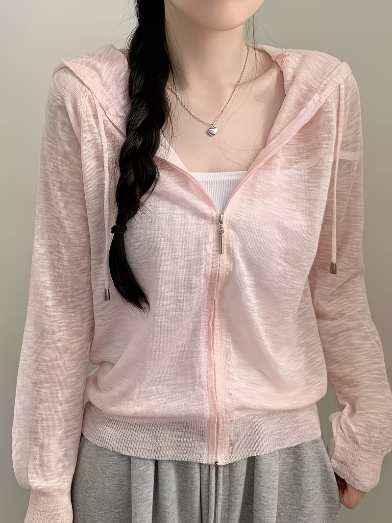 Korean Chic Summer Relaxed Zip-Up Hooded Loose Thin Sweater Women'S Long Sleeve Cardigan Jacket Trendy Fashion Commute Daily Versatile Jacket Sunscreen Shirt