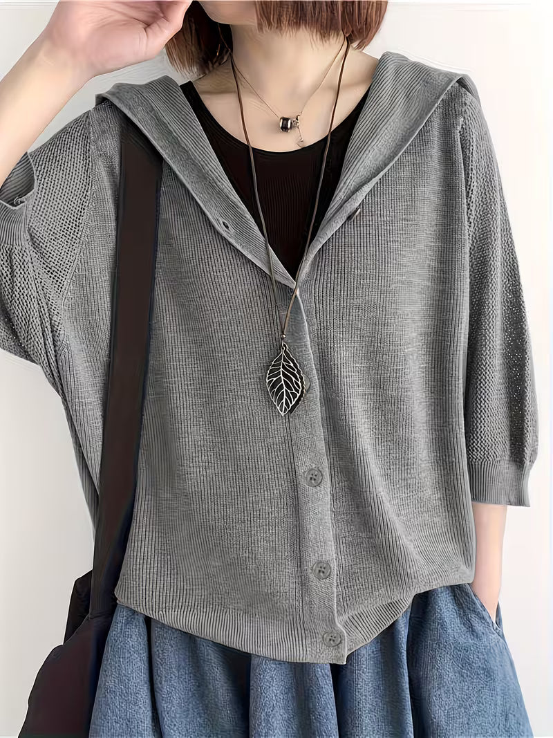 Fine Cardigan Jacket Women'S New Solid Loose Hooded Outerwear Thin Hollow Out Three-Quarter Sleeve Top