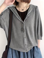 Fine Cardigan Jacket Women'S New Solid Loose Hooded Outerwear Thin Hollow Out Three-Quarter Sleeve Top