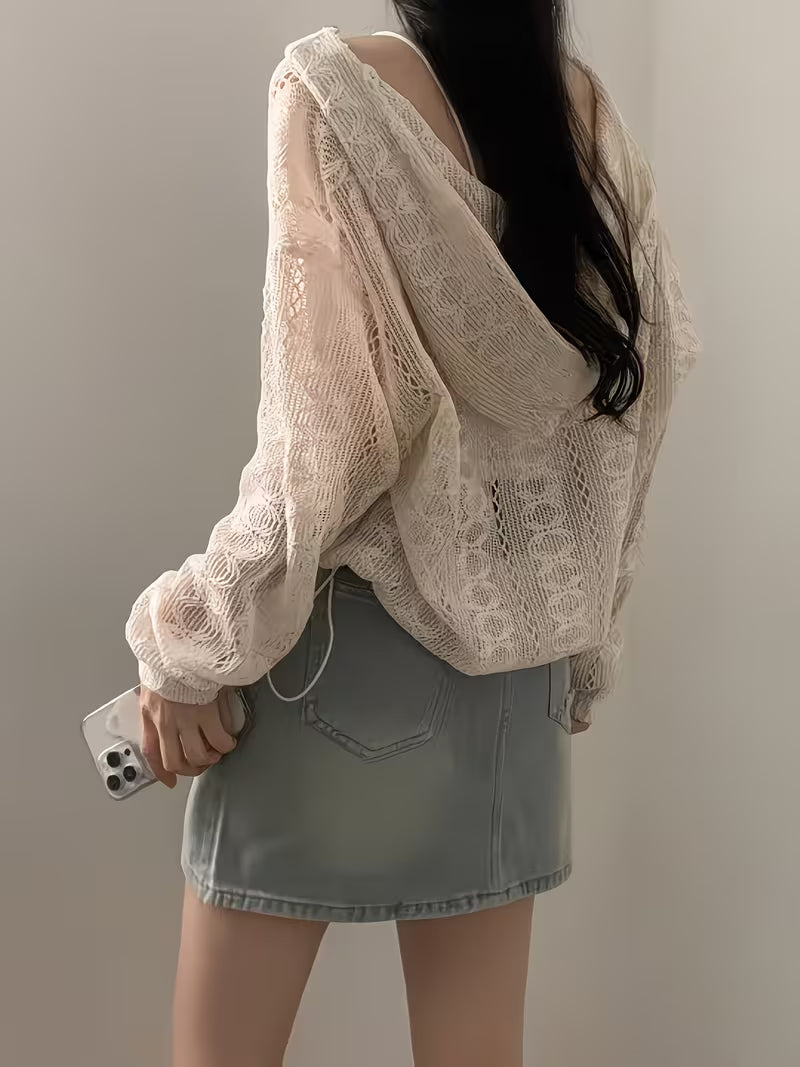New Age-Reducing Hollow Jacquard Drawstring Hem Long Sleeve Hooded Lace Sunscreen Coat
