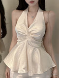 Pure Desire Style Satin Beautiful Back Halterneck Camisole Women'S Summer New Hot Wrapped Chest Slim Waist Knot Twist Top