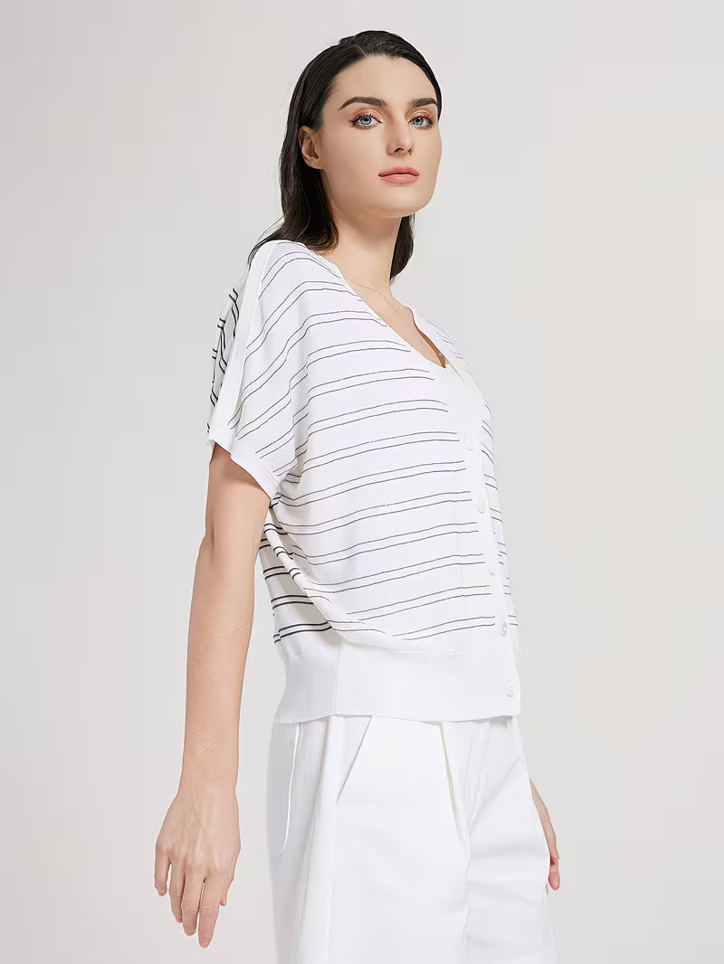 Elegant Women's Spring Summer Wool Short Sleeve Cardigan V-Neck Batwing Sleeve Striped Pattern Button Front Detail Premium Soft Breathable Fabric Versatile Top