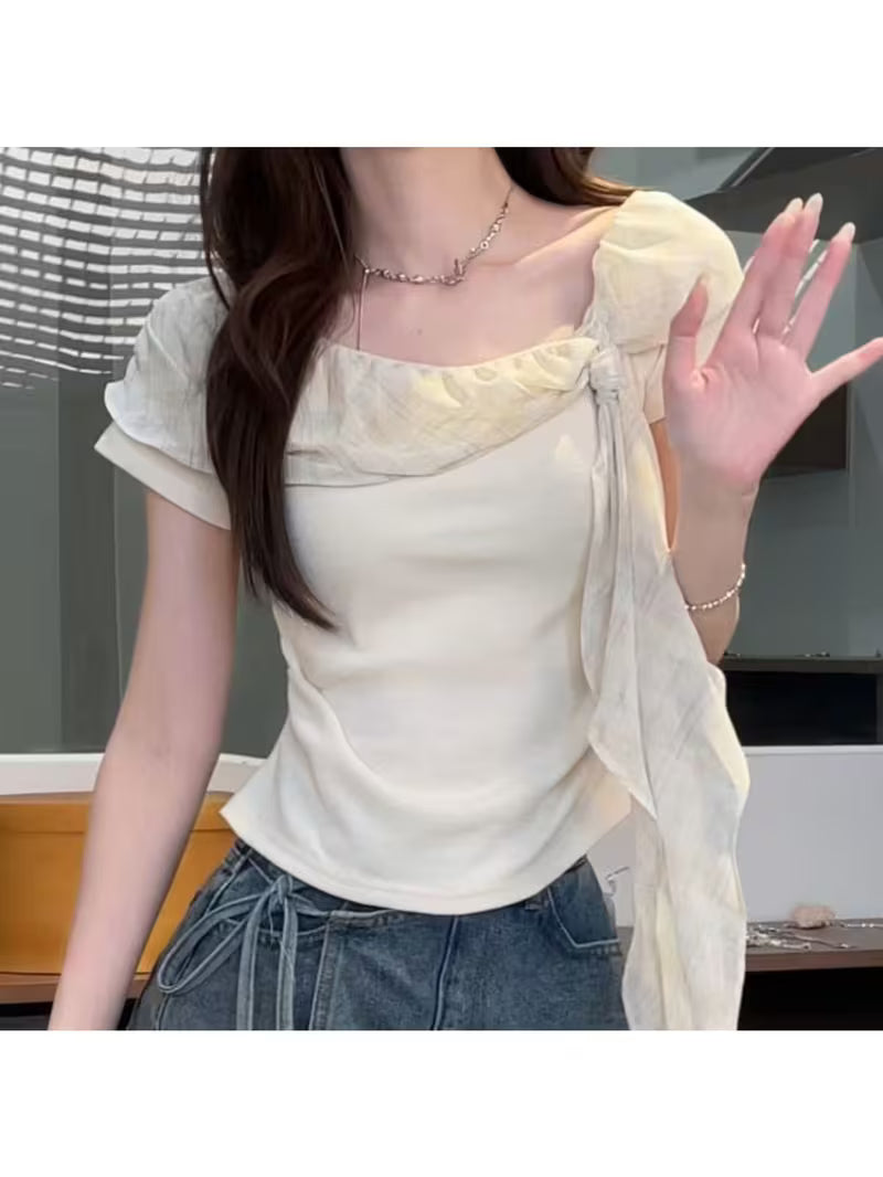 Pure-Style Design with a Waist-Constricting Fit That Slimlines The Figure. Ruffle-Trimmed, Tie-Cuffed Design. Sweet, Plaid Patterned Short-Sleeved Top for Summer, with a Shoulder-Bare Design