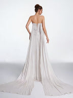 Women's Strapless Ruched Wrap Evening Gown - Dusty Pink Shimmery Chiffon Floor-Length Dress