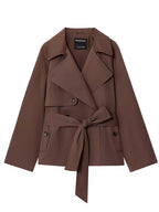 Wide Lapel Epaulet Short Trench Coat Women Detachable Waist Tie Double Breasted Loose Drop Shoulder Long Sleeve Coffee Petite Commuter