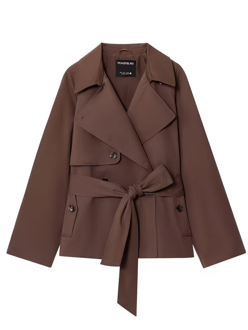 Wide Lapel Epaulet Short Trench Coat Women Detachable Waist Tie Double Breasted Loose Drop Shoulder Long Sleeve Coffee Petite Commuter