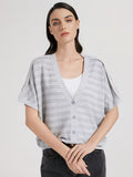 Elegant Women's Spring Summer Wool Short Sleeve Cardigan V-Neck Batwing Sleeve Striped Pattern Button Front Detail Premium Soft Breathable Fabric Versatile Top