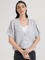 Elegant Women's Spring Summer Wool Short Sleeve Cardigan V-Neck Batwing Sleeve Striped Pattern Button Front Detail Premium Soft Breathable Fabric Versatile Top