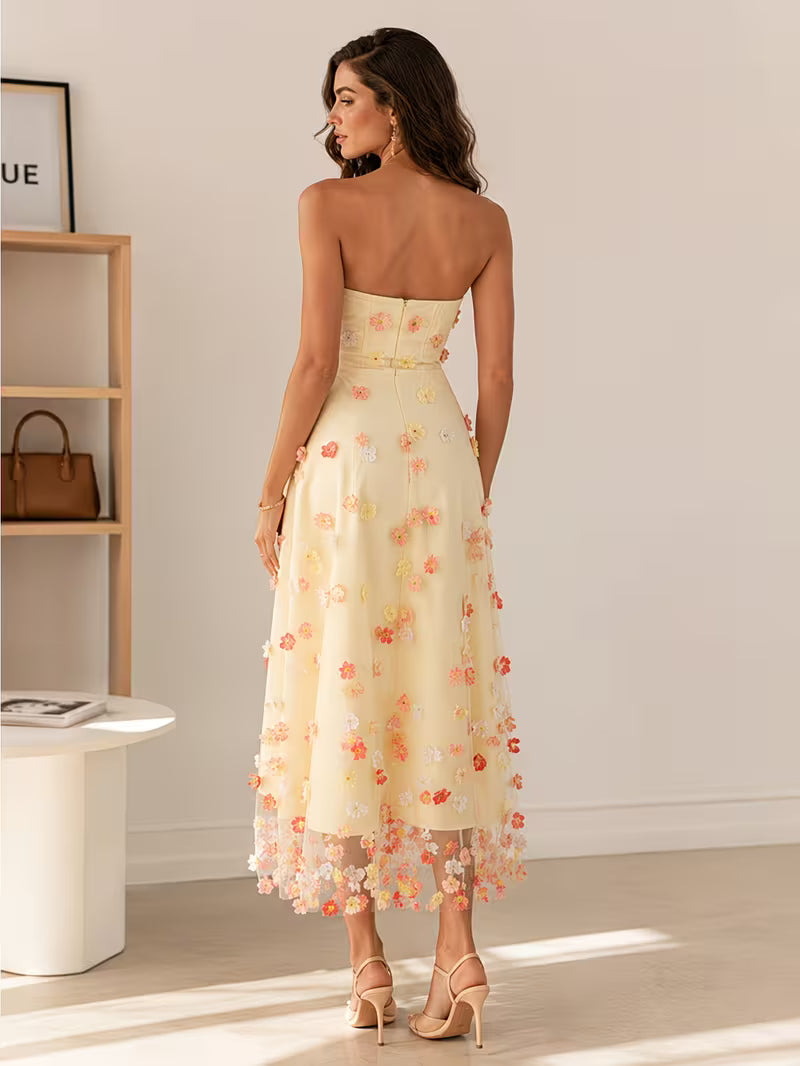 Women's Strapless Floral Embroidered Long Dress, Relaxed Silhouette for Date Night Vacation Daily Wear