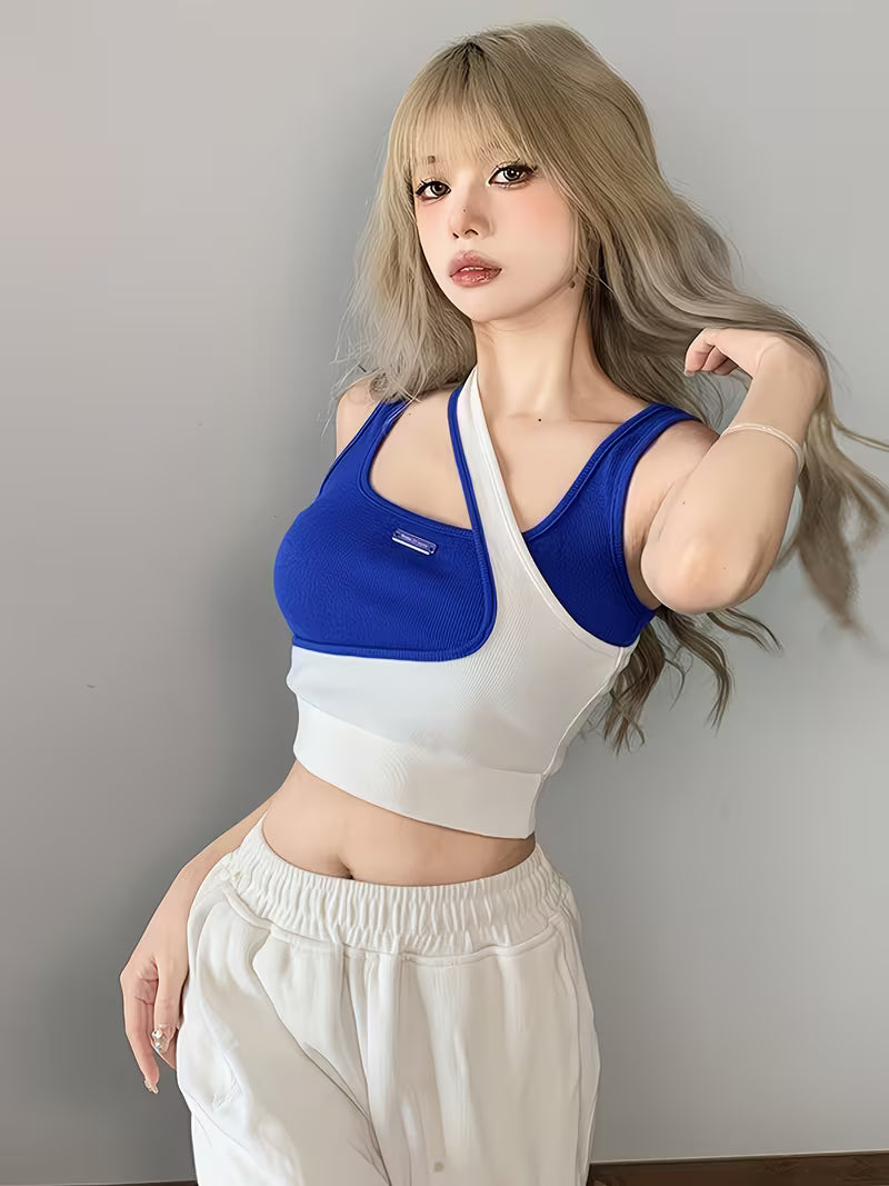 Spicy Tank Top, Group Style Jazz Dance Slim Fit Cropped Belly-Baring Dance Top, Color-Block 2-in-1 Look, Irregular Outerwear