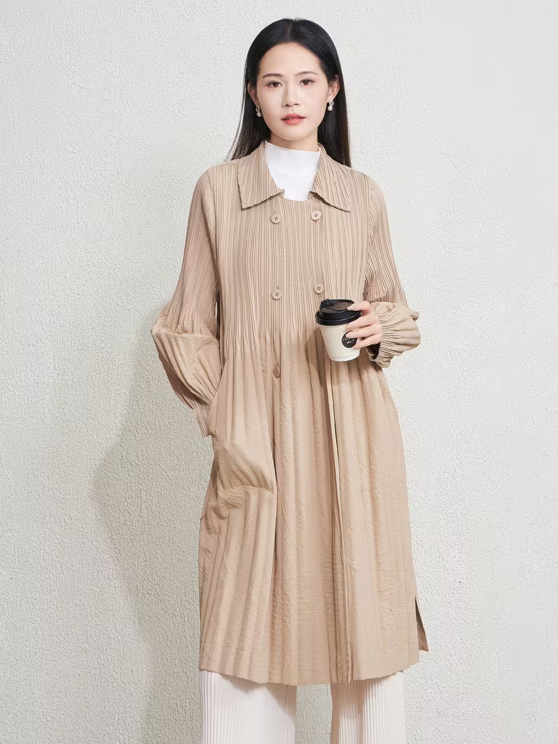 Elegant Pleated Trench Coat for Women, Loose Fit Lapel Long Outerwear with Minimalist High-End Style