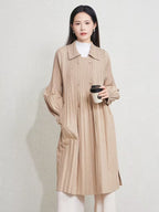 Elegant Pleated Trench Coat for Women, Loose Fit Lapel Long Outerwear with Minimalist High-End Style