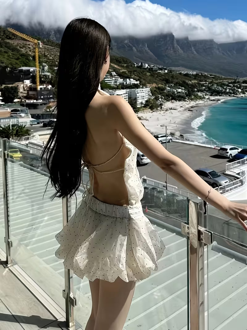 New Women's Polka Dot Backless Chiffon Dress, 2026 Summer New Arrival, Exquisitely Beautiful and Ethereal, Waist-Cinching, Hot Style, Halter Neck, Flared Puffy Skirt, Trendy Backless Polka Dot Dress