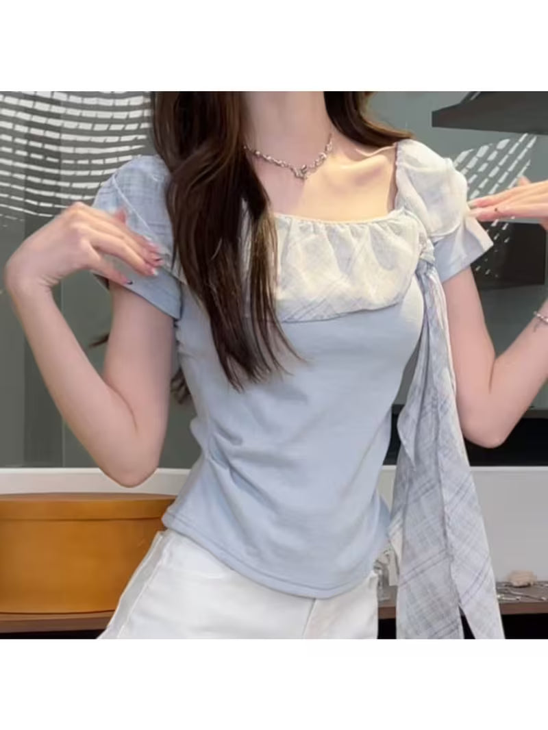 Pure-Style Design with a Waist-Constricting Fit That Slimlines The Figure. Ruffle-Trimmed, Tie-Cuffed Design. Sweet, Plaid Patterned Short-Sleeved Top for Summer, with a Shoulder-Bare Design