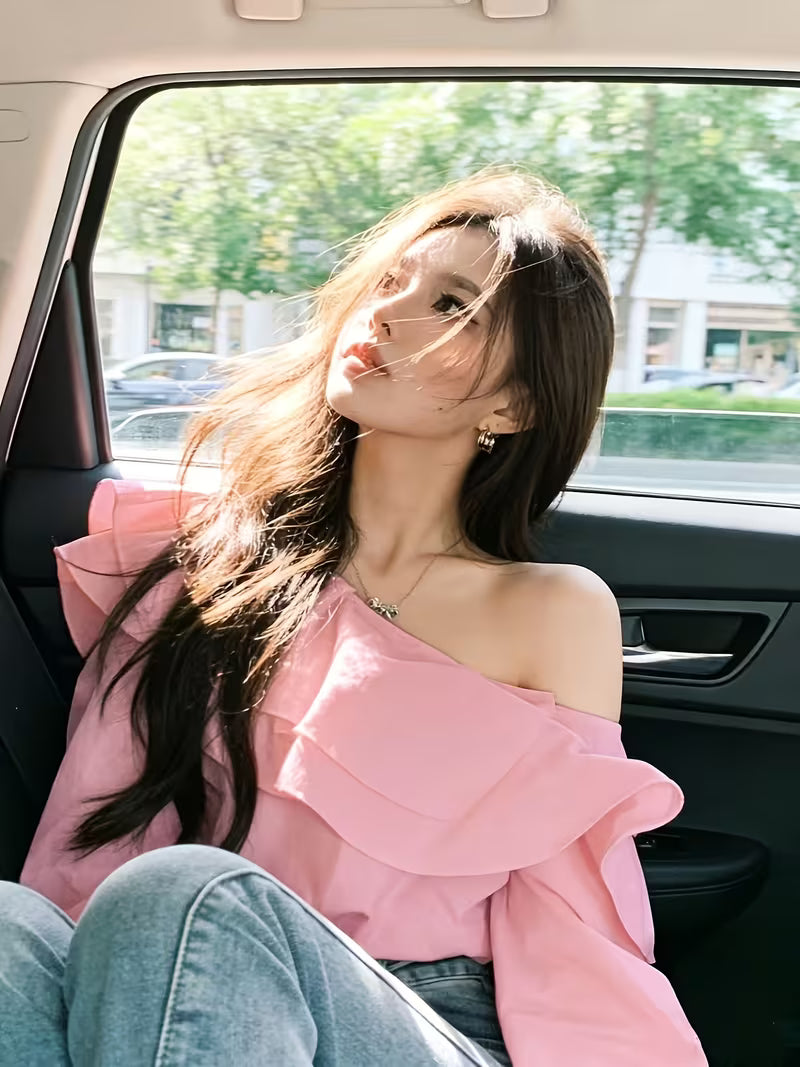 Elegant Off-Shoulder Blouse for Women with a Directional Design And Ruffled Details