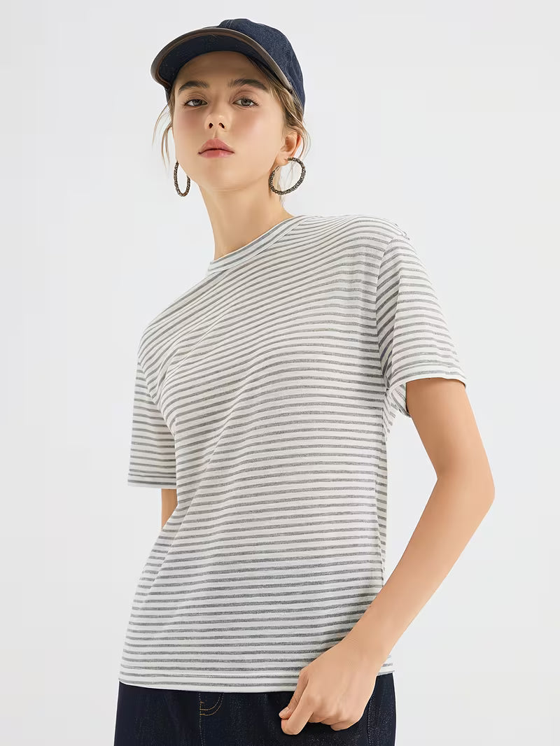Women's Viscose Striped T-Shirt - Soft Round Neck Short Sleeve Suitable for Summer Casual & -Casual Wear, -Line Regular Fit -Fit Top, Non- Suitable for Office, Semi-Formal Events, Year-Round Layering
